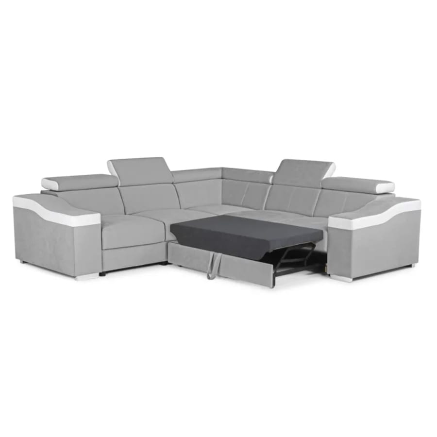 Canap&eacute; d&rsquo;angle convertible r&eacute;versible en velours gris clair et simili cuir blanc